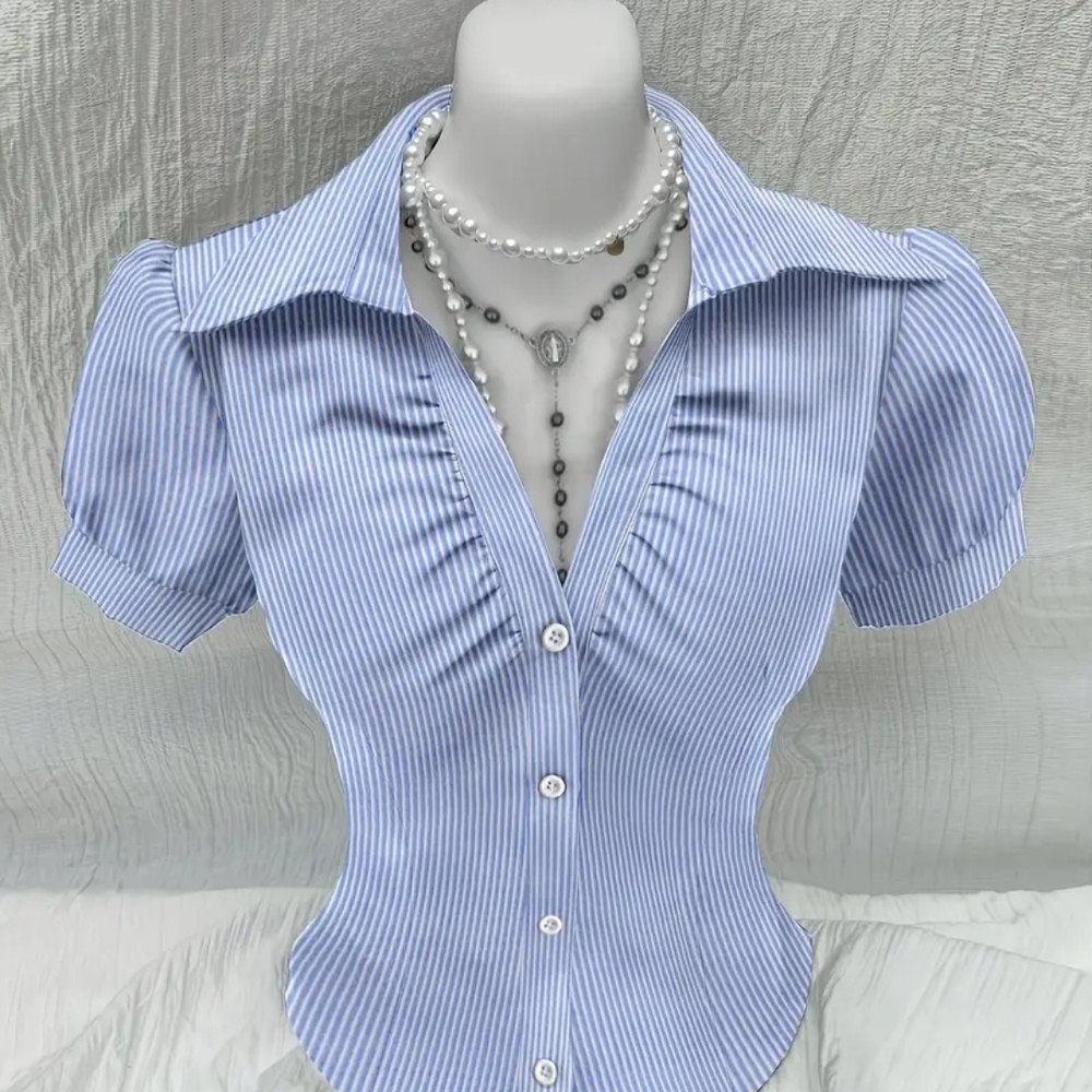 Chic Blue Striped Blouse with Puff Sleeves